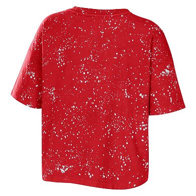 Women's WEAR by Erin Andrews Scarlet Ohio State Buckeyes Bleach Wash Splatter Cropped Notch Neck T-Shirt