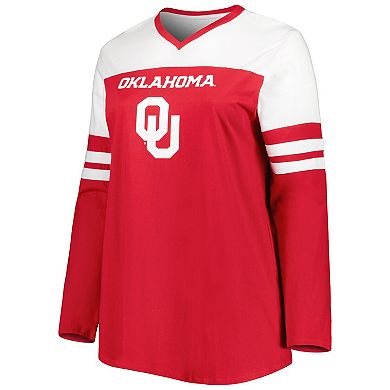 Women's Crimson Oklahoma Sooners Plus Size Long Sleeve Stripe V-Neck T-Shirt