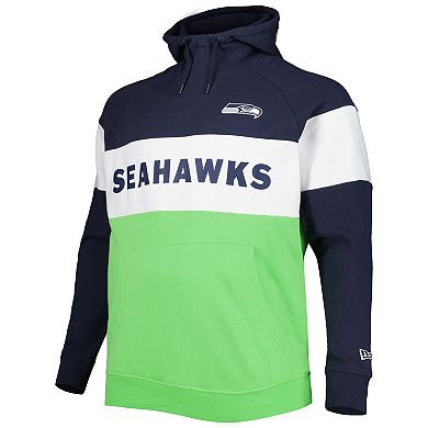 Men's New Era Neon Green Seattle Seahawks Big & Tall Current Team Colorblock Fleece Pullover Hoodie