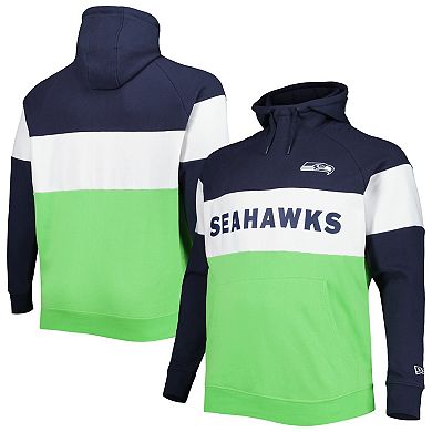 Men's New Era Neon Green Seattle Seahawks Big & Tall Current Team Colorblock Fleece Pullover Hoodie