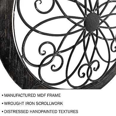 Lavish Home 24-in. Round Iron Scrollwork, Flower & Wood Frame Medallion Wall Decor