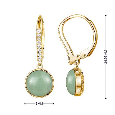 18k Gold Over Sterling Silver Green Jade & Cubic Zirconia Leverback Drop Earrings