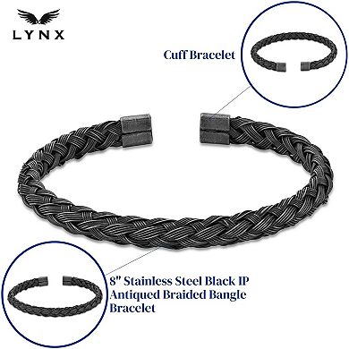 Men's LYNX Stainless Steel Black Ion Plated Antiqued Braided Bangle Bracelet