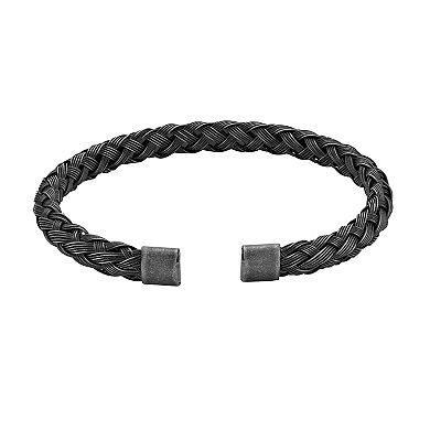 Men's LYNX Stainless Steel Black Ion Plated Antiqued Braided Bangle Bracelet