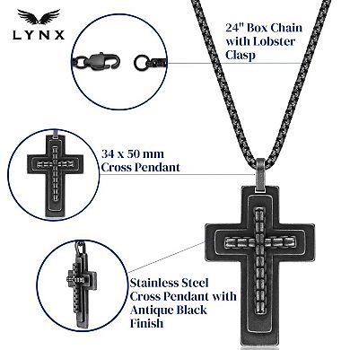 Men's LYNX Antiqued Black Ion Plated Stainless Steel Layered Cross Pendant Necklace