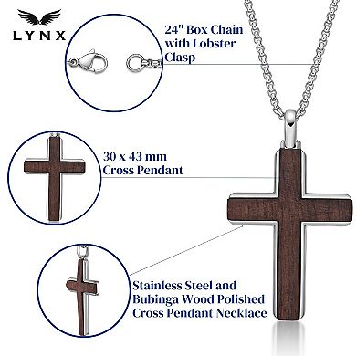 Men's LYNX Stainless Steel & Bubinga Wood Polished Cross Pendant Necklace