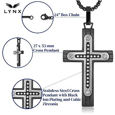 Men's LYNX Black Ion Plated Stainless Steel Cubic Zirconia Cross Pendant Necklace