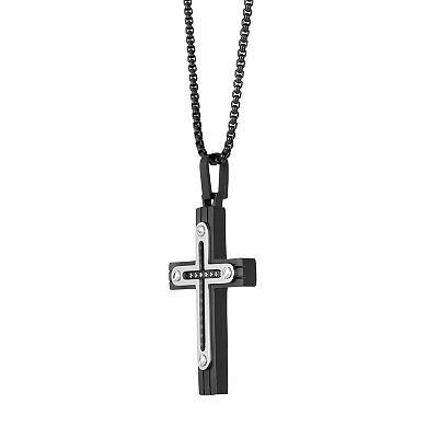Men's LYNX Black Ion Plated Stainless Steel Cubic Zirconia Cross Pendant Necklace