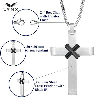 Men's LYNX Stainless Steel Black Ion Plated Center Cross Pendant Necklace