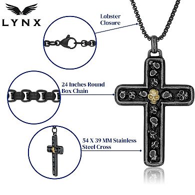 Men's LYNX Black & Gold Tone Ion Plated Stainless Steel Skull Cross Pendant Necklace