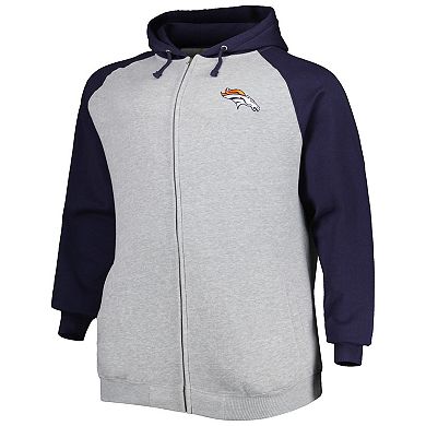 Men's Heather Gray Denver Broncos Big & Tall Fleece Raglan Full-Zip Hoodie Jacket