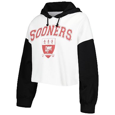 Women's Gameday Couture White/Black Oklahoma Sooners Good Time Color Block Cropped Hoodie