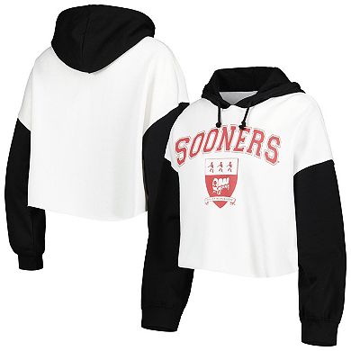 Women's Gameday Couture White/Black Oklahoma Sooners Good Time Color Block Cropped Hoodie