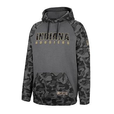 Men's Colosseum Charcoal Indiana Hoosiers OHT Military Appreciation Camo Stack Raglan Pullover Hoodie