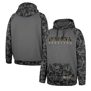 Men's Colosseum Charcoal Indiana Hoosiers OHT Military Appreciation Camo Stack Raglan Pullover Hoodie