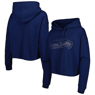 Women's Cuce College Navy Seattle Seahawks Crystal Logo Cropped Pullover Hoodie