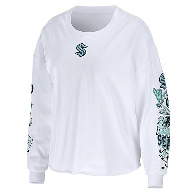 Women's WEAR by Erin Andrews White Seattle Kraken Celebration Cropped Long Sleeve T-Shirt