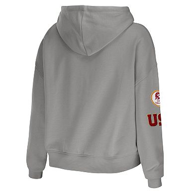 Women's WEAR by Erin Andrews Gray USC Trojans Mixed Media Cropped Pullover Hoodie
