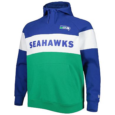 Men's New Era Royal Seattle Seahawks Big & Tall Throwback Colorblock Fleece Raglan Pullover Hoodie