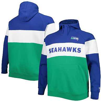 Men's New Era Royal Seattle Seahawks Big & Tall Throwback Colorblock Fleece Raglan Pullover Hoodie