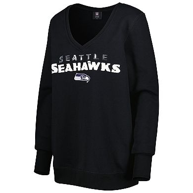 Women's Cuce Black Seattle Seahawks Sequin Logo V-Neck Pullover Sweatshirt