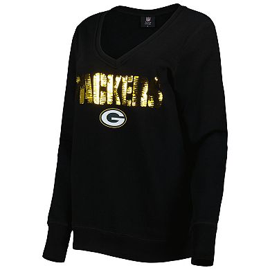Women's Cuce Black Green Bay Packers Sequin Logo V-Neck Pullover Sweatshirt