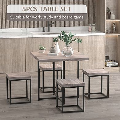 HOMCOM 5 Piece Dining Room Table Chair Set Square Board Steel Space Saving With Stools for Small Space Breakfast Nook Natural Wood Color