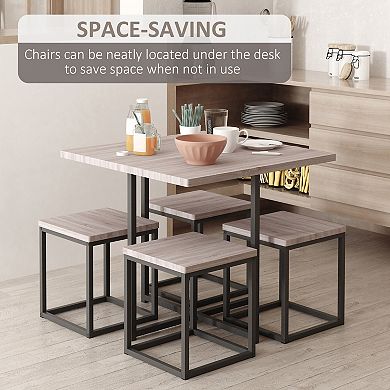 HOMCOM 5 Piece Dining Room Table Chair Set Square Board Steel Space Saving With Stools for Small Space Breakfast Nook Natural Wood Color