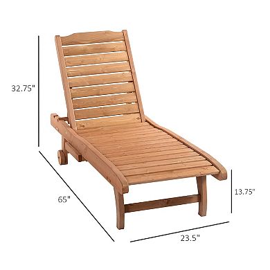 Outsunny Outdoor Sun Lounger Wooden Chaise Lounge Chair with 3 Position Backrest Pull Out Tray and Wheels for Beach Poolside and Patio