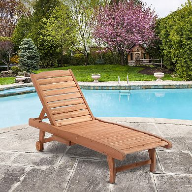 Outsunny Outdoor Sun Lounger Wooden Chaise Lounge Chair with 3 Position Backrest Pull Out Tray and Wheels for Beach Poolside and Patio