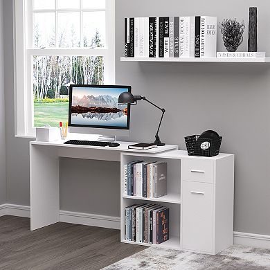 Rotating Home Office L-shaped Corner Desk W/ Storage Drawer Computer Table Black