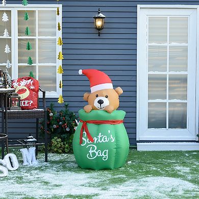 HOMCOM 4 ft. Christmas Inflatable Bear In Santa Claus Toy Bag Outdoor Blow Up Holiday Yard Decoration with LED Lights Display