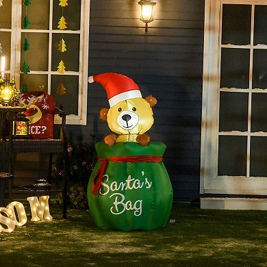 HOMCOM 4 ft. Christmas Inflatable Bear In Santa Claus Toy Bag Outdoor Blow Up Holiday Yard Decoration with LED Lights Display