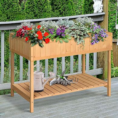 Elevated Natural Garden Plant Stand Outdoor Flower Bed 8 Grid Box W/ Storage