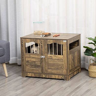 Wooden Dog Crate With Surface, Stylish Pet Kennel, Magnetic Doors, Brown