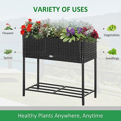 Pe Rattan Outdoor Raised Flower Garden Planter Bed Box W/ Storage Shelf, Black