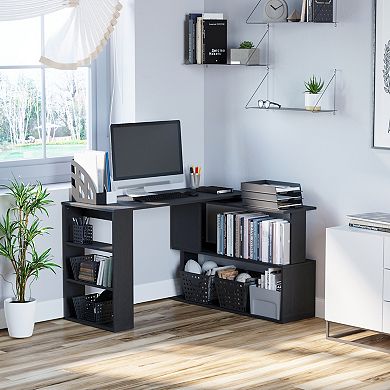 360° Rotating Home Office Corner Desk And Storage Shelf Combo  L-shaped Table