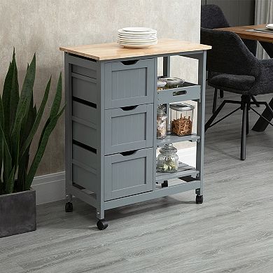 Compact Wooden Rolling Serving Kitchen Dining Cart W/ Shelves & Drawers, Grey