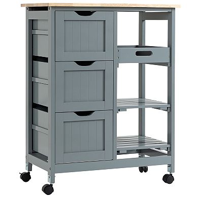 Compact Wooden Rolling Serving Kitchen Dining Cart W/ Shelves & Drawers, Grey