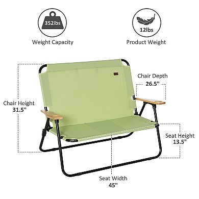 Double Folding Chair Loveseat Camping Chair With Armrests & Cup Holder, Blue