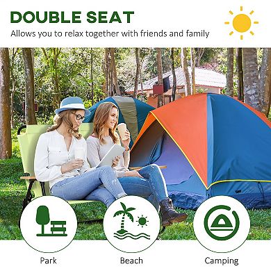 Double Folding Chair Loveseat Camping Chair With Armrests & Cup Holder, Blue