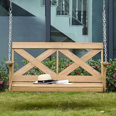 2-seat Outdoor Swinging Patio Bench W/ Rustic Farmhouse X Shaped Design, Natural