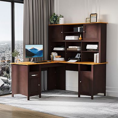 HOMCOM L Shaped Computer Desk with Storage Shelves Home Office Desk with Drawers and Cabinets Coffee Brown