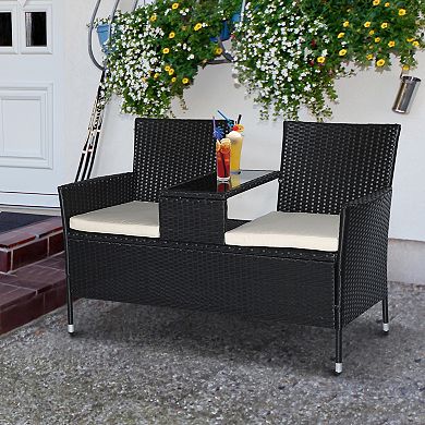 Outdoor Patio 2 Seat Rattan Wicker Chair Bench With Tea Table Padded Sofa