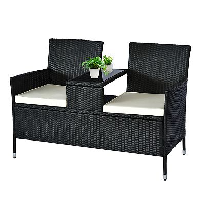 Outdoor Patio 2 Seat Rattan Wicker Chair Bench With Tea Table Padded Sofa