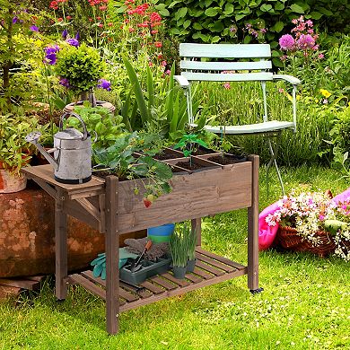 Outsunny 49'' x 21'' x 34'' Raised Garden Bed w/ 8 Grow Grids Outdoor Wood Plant Stand w/ Storage Shelf and Lockable Wheels for Vegetables/Flower