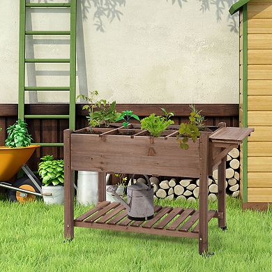Outsunny 49'' x 21'' x 34'' Raised Garden Bed w/ 8 Grow Grids Outdoor Wood Plant Stand w/ Storage Shelf and Lockable Wheels for Vegetables/Flower