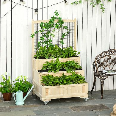 3-tiers Wooden Raised Garden Bed With Wheels, Trellis, Back Storage Area