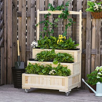 3-tiers Wooden Raised Garden Bed With Wheels, Trellis, Back Storage Area