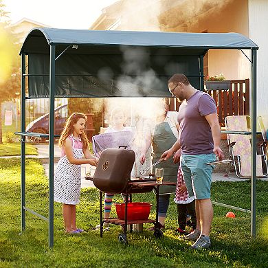 Outsunny 7FT Grill Gazebo BBQ Canopy with Sun Shade Panel Side Awning 2 Exterior Serving Shelves 5 Hooks for Patio Lawn Backyard